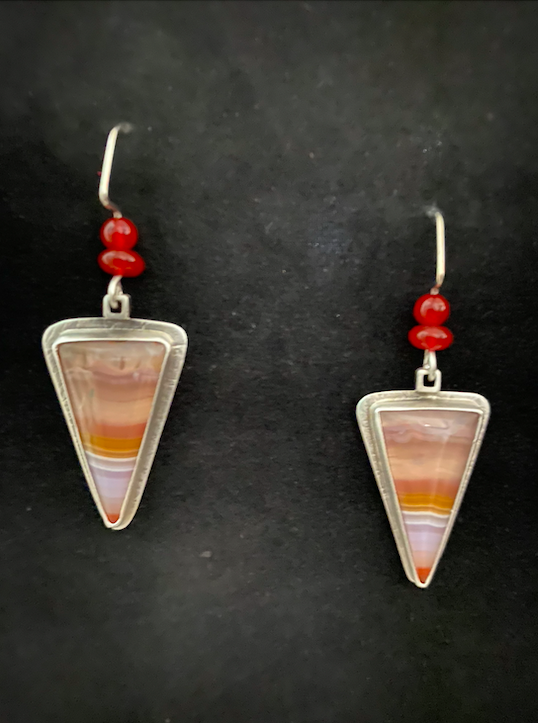 agate and carnelian beads triangle drop earrings